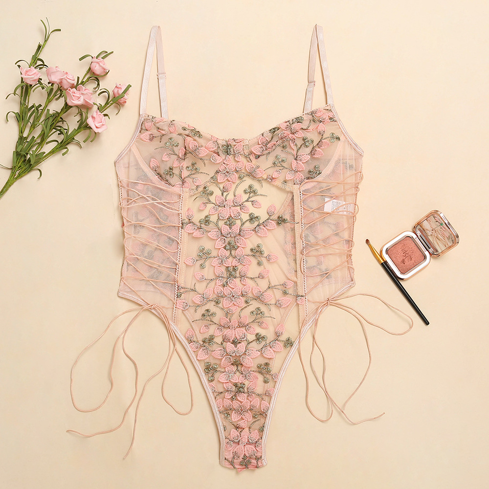 Embroidered Mesh Lace-up Teddy Bodysuit